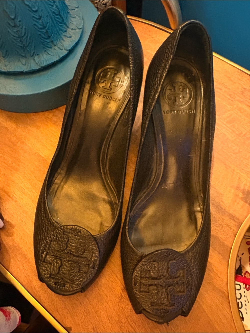 Tory Burch Black Leather Peep-Toe Wedge -size 8.5